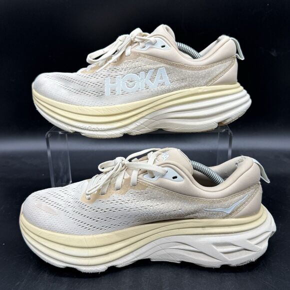 Hoka One One Bondi 8 Women’s Running Shoes 7B Shifting Sand Eggnog Ivory White - Picture 2 of 8